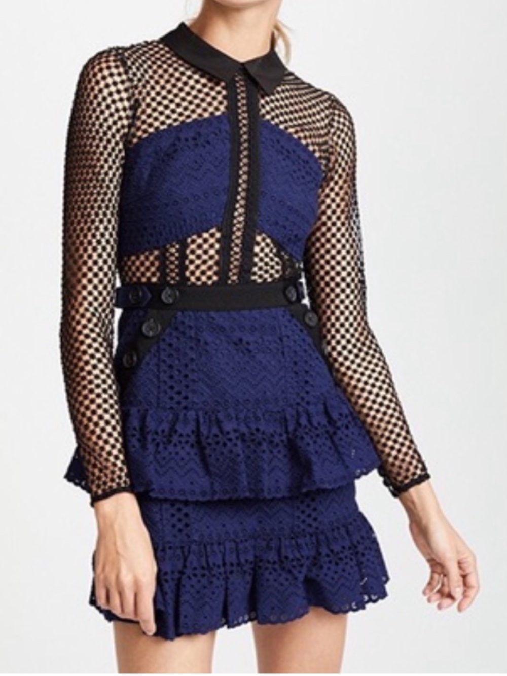 Self-Portrait Hazel Mini Dress Long Sleeve Mesh Sheer Navy Blue Black Sz 8